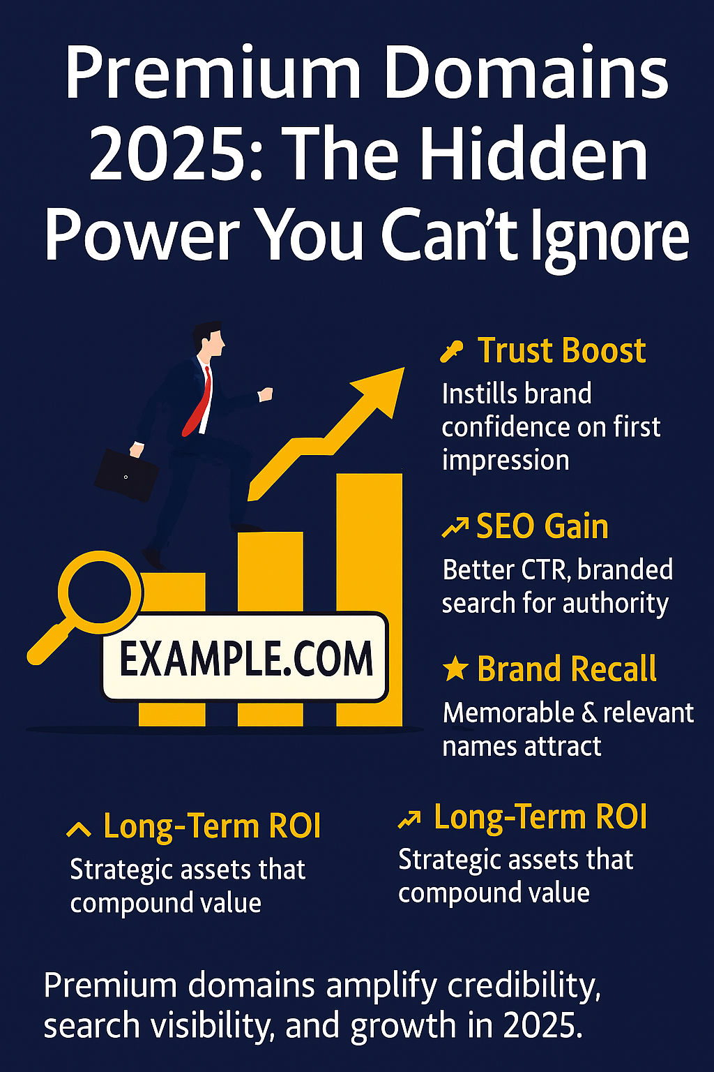 Premium Domains 2025 infographic showing trust boost, SEO gain, brand recall, and long-term ROI
