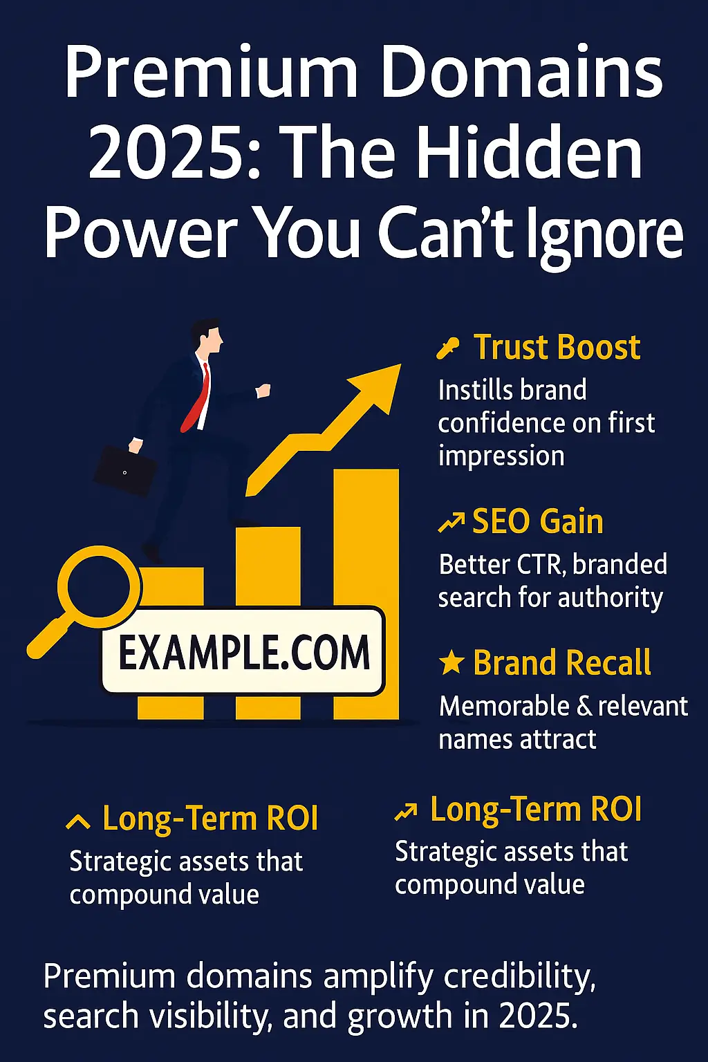 Premium Domains 2026 infographic showing SEO branding trust and ROI benefits