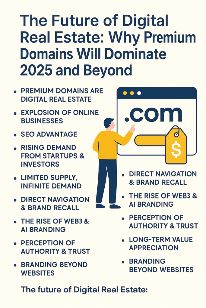 Infographic showing premium domains benefits and digital real estate growth in 2025