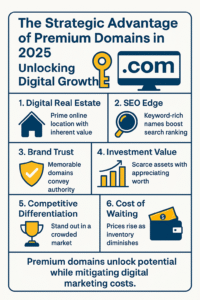 Infographic showing the strategic advantages of premium domains in 2025 including digital real estate, SEO edge, brand trust, investment value, competitive differentiation, and cost of waiting.