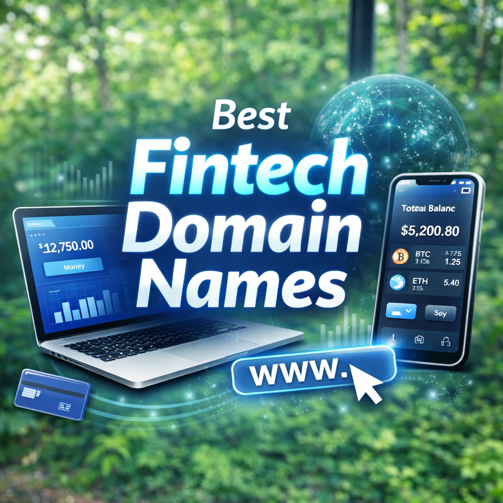 Best fintech domain names concept with laptop and mobile finance app design