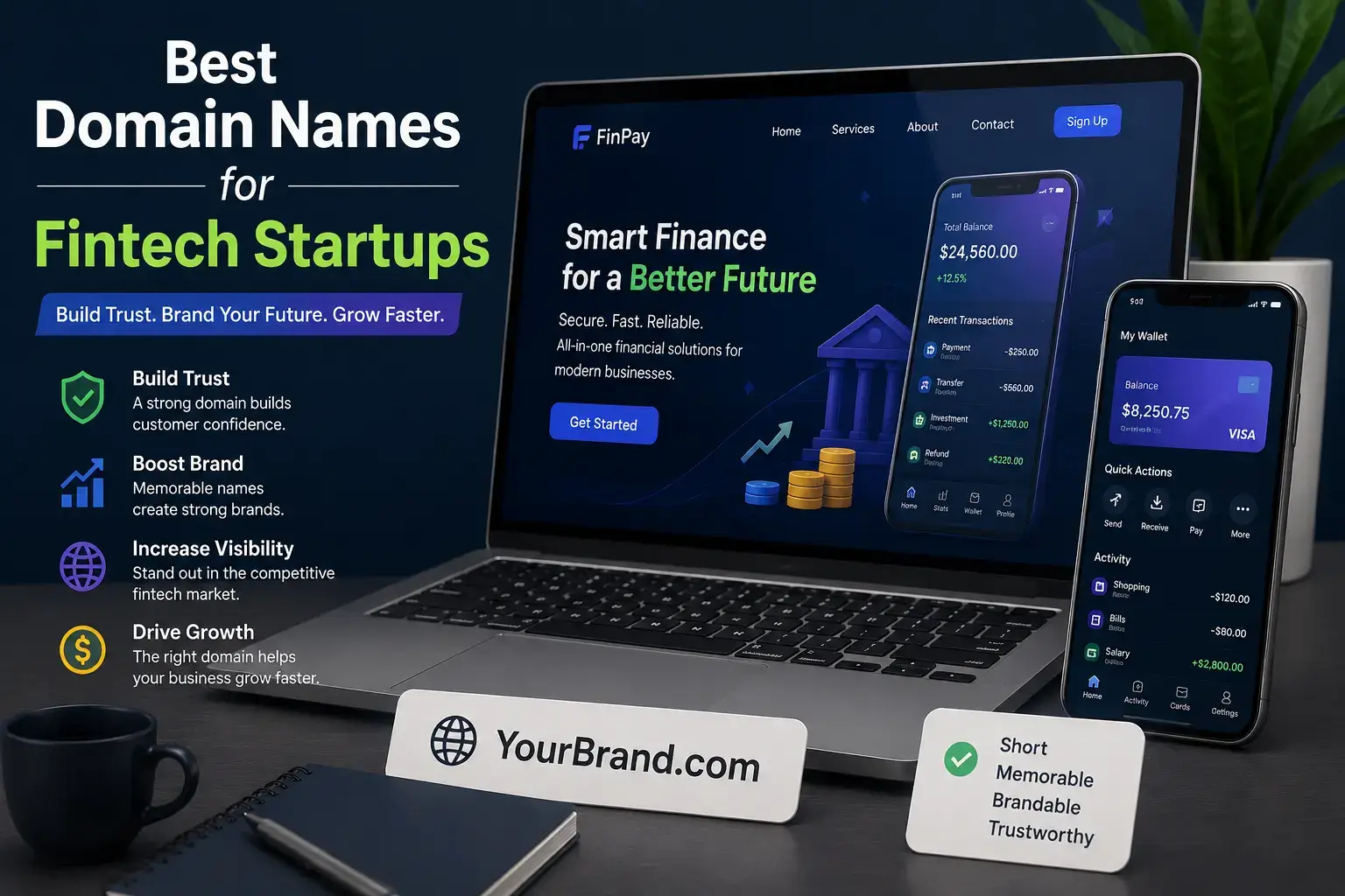 Best fintech domain names concept with laptop and mobile finance app design